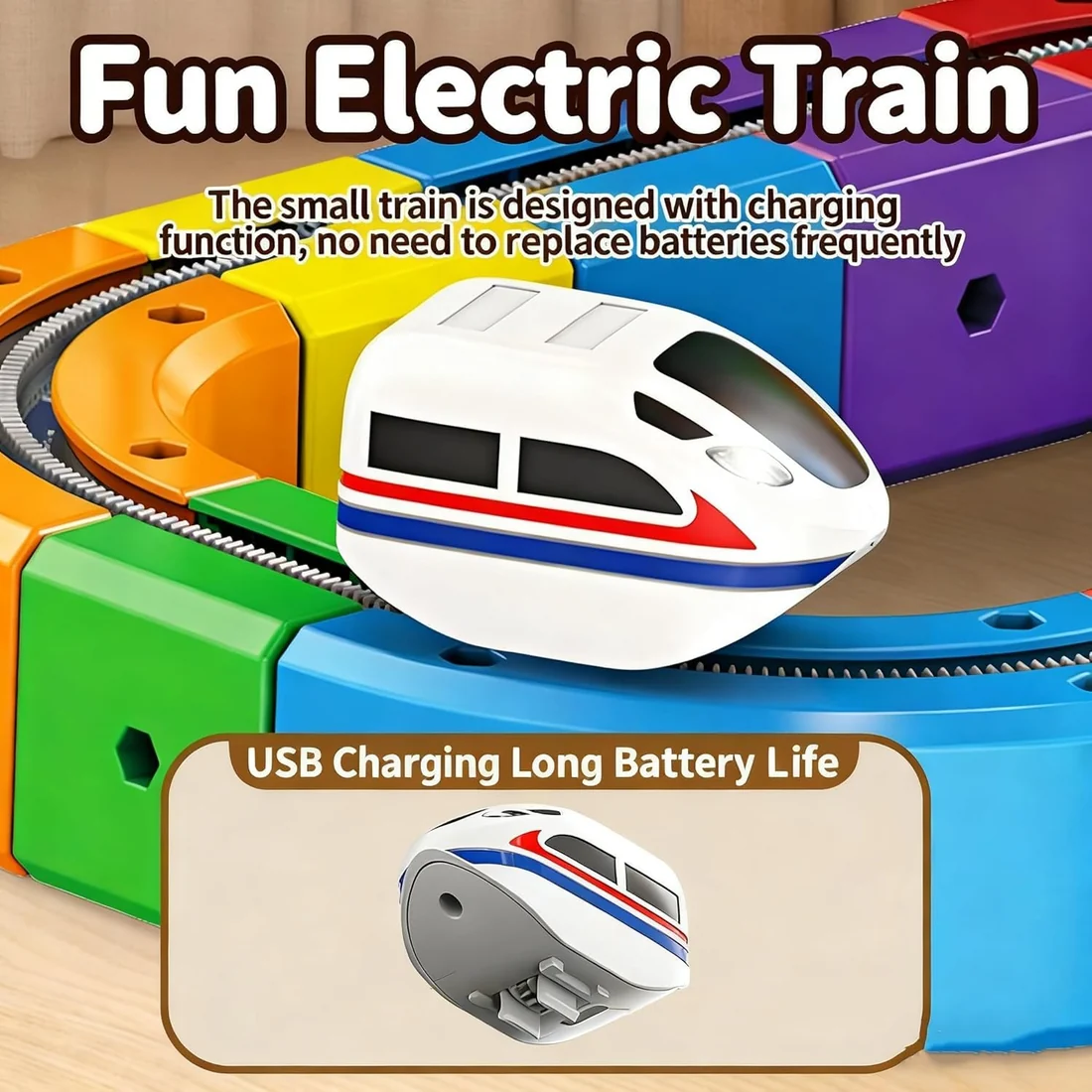 Electric toy train on colored track sections with USB charging battery