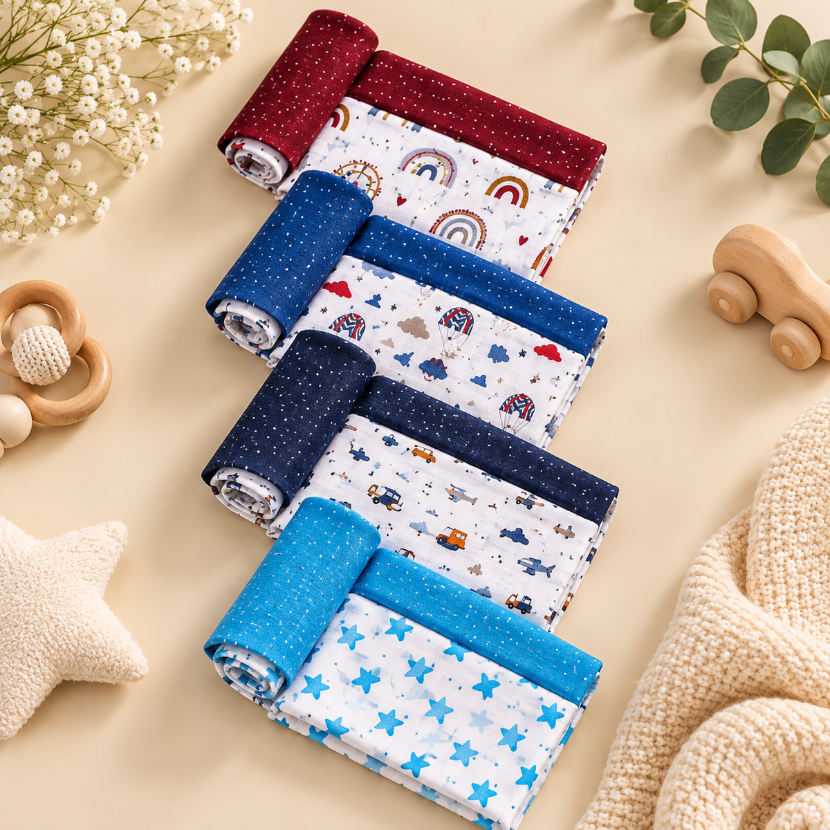 Rolled crib cloth set in blue and red with rainbow, star, and animal-themed prints
