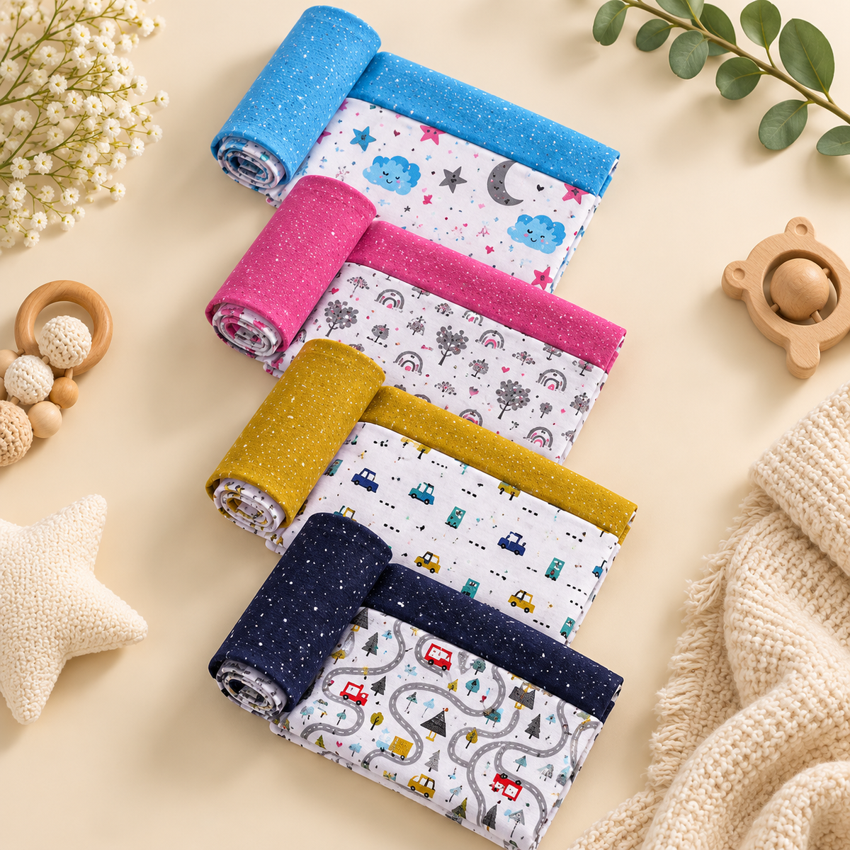 Rolled crib cloth set with blue, pink, yellow and navy fabric and printed space themes