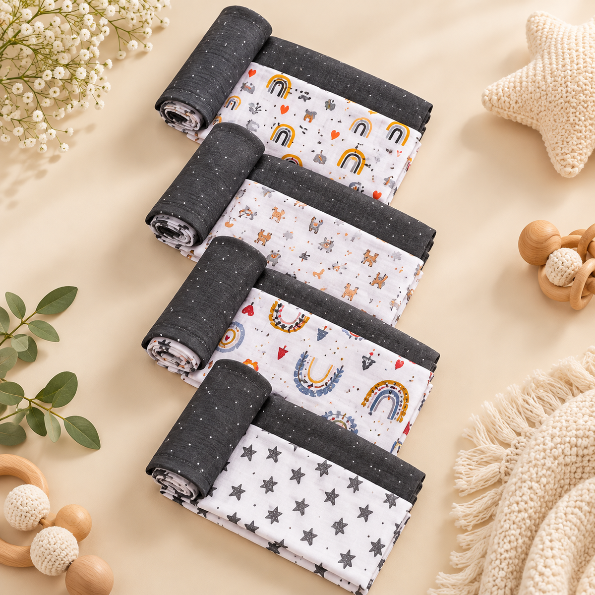 Crib cloth roll set in dark gray and white with rainbows, clouds, and star patterns