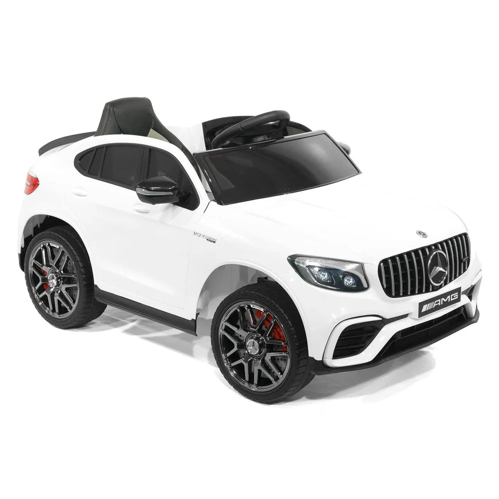 Kids Mercedes AMG electric ride-on car, white body with black hood and seat