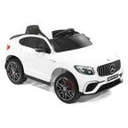 Kids Mercedes AMG electric ride-on car, white body with black hood and seat