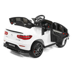 White Mercedes-Benz AMG ride-on car rear side view with LED tail lights and exhaust trim
