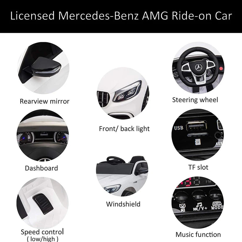 White licensed Mercedes-Benz AMG ride-on car dashboard and rearview mirror detail