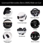 White licensed Mercedes-Benz AMG ride-on car dashboard and rearview mirror detail