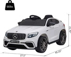 White Mercedes-Benz AMG ride-on car with front grille, headlights, and black wheels