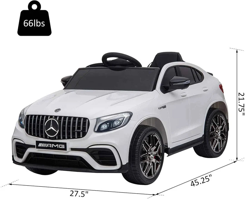 White Mercedes-Benz AMG ride-on car with front grille, headlights, and black wheels