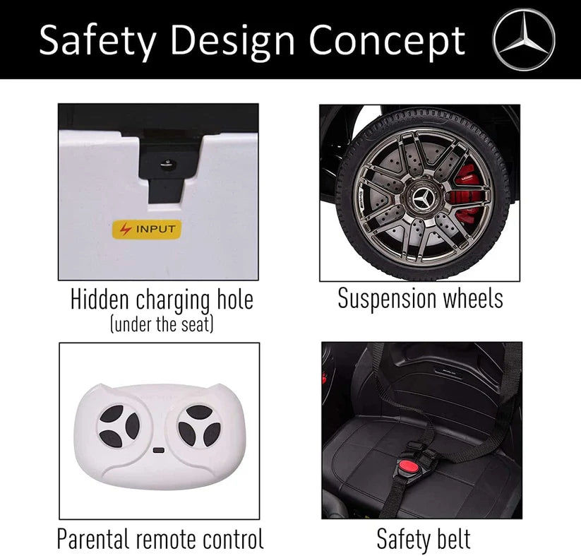 Mercedes-Benz AMG ride-on car safety features: hidden charging hole, remote, belt