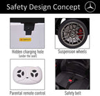 Mercedes-Benz AMG ride-on car safety features: hidden charging hole, remote, belt