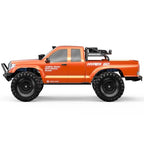 Orange RC rock crawler side profile with front winch guard and black wheel arches