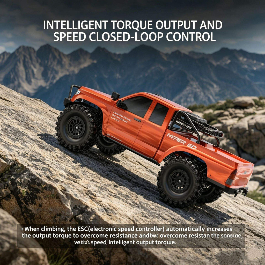 Orange RC rock crawler truck climbing on rocks with large off-road tires