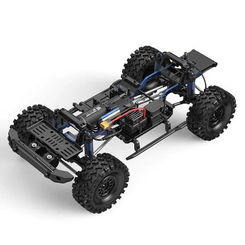 Black RC crawler chassis frame with blue shocks and large tread tires