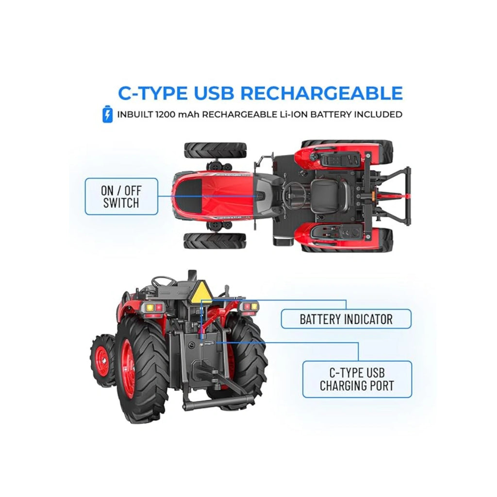RC tractor toy with Bluetooth speaker and rechargeable battery.
