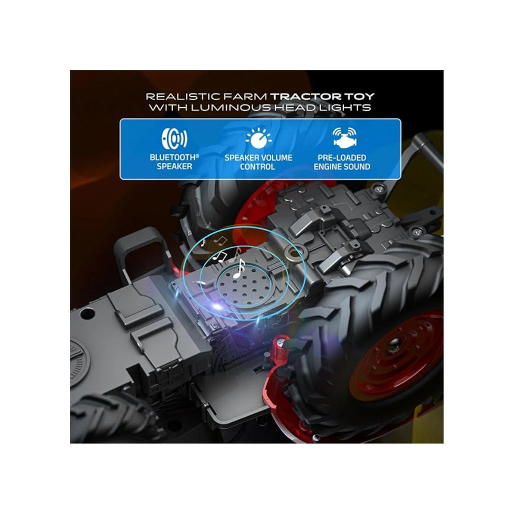 RC tractor toy with Bluetooth speaker and rechargeable battery.
