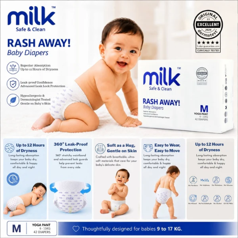 MILK Baby Diaper Yoga Pants, Size M - 42 Pcs, 6 To 11 KG