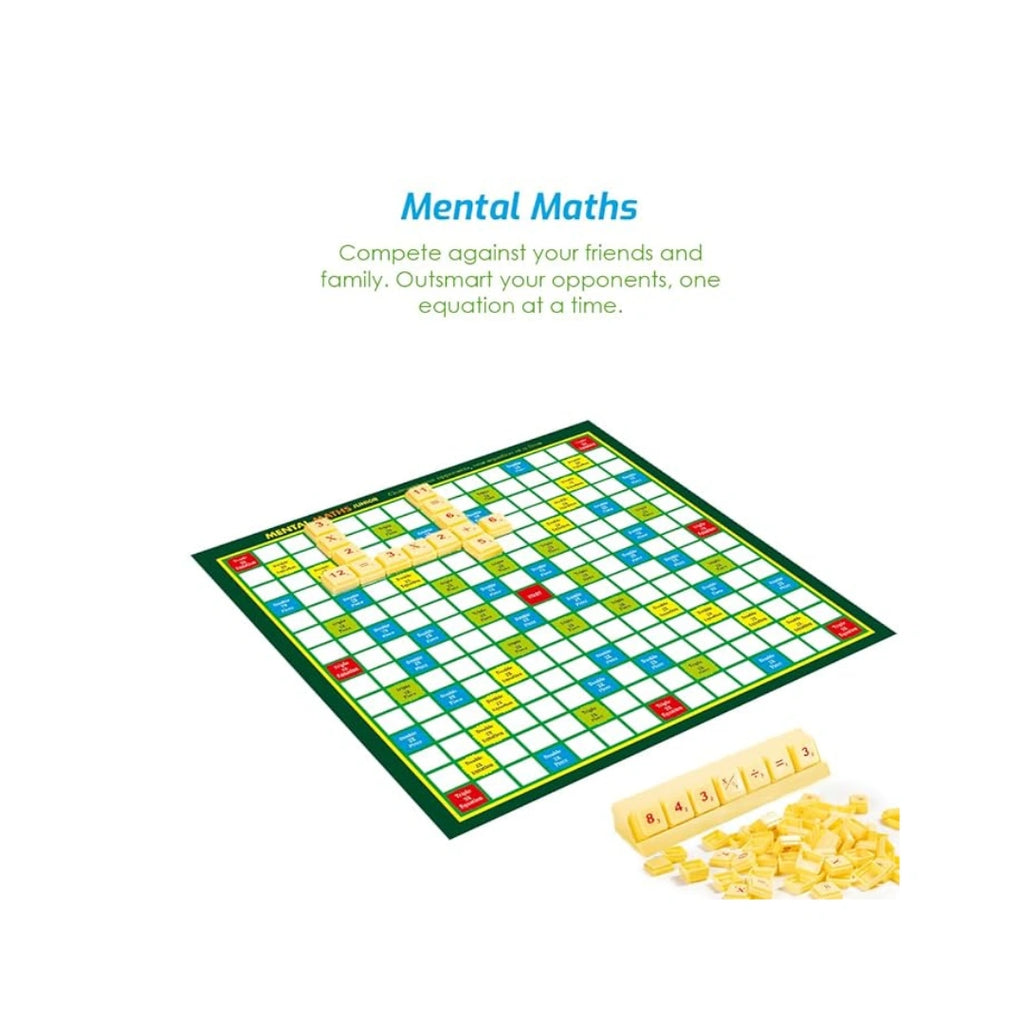 Kids mental maths board game with number tiles for family learning fun.
