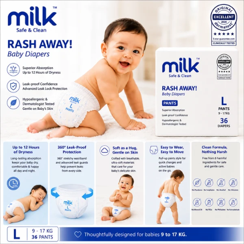 MILK Baby Diaper Yoga Pants, Size L - 36 Pcs, 9 To 17 KG