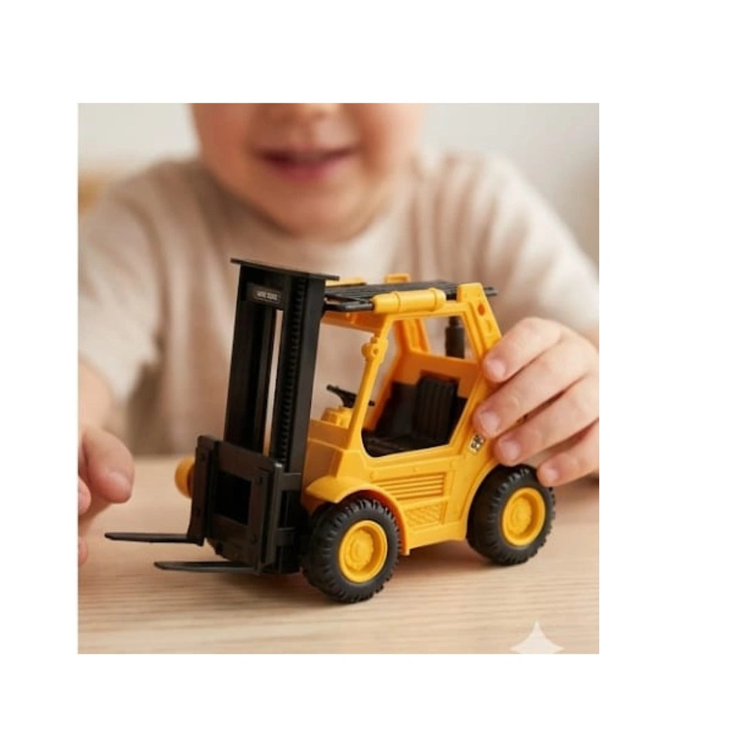 Yellow mini forklift toy with moving lift arms