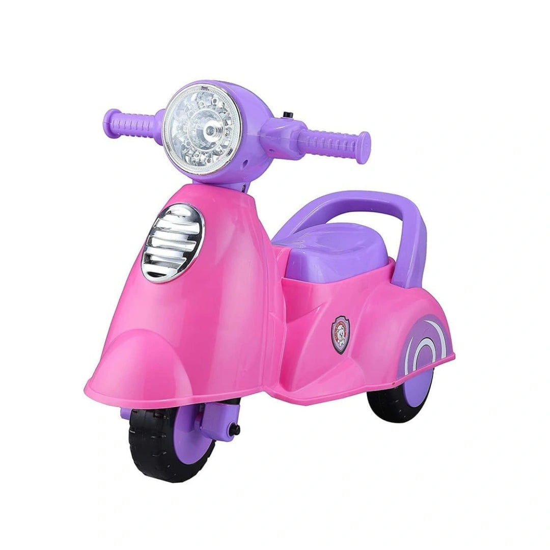 Musical Vespa ride-on scooter toddlers lights storage.