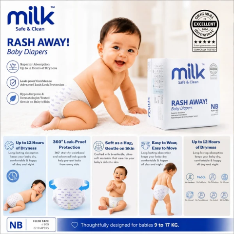 MILK Baby Diaper Flexi Tape , Size NB - 22 Pcs, 0 To 5 KG