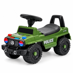 Green ride-on police jeep with black seat, steering wheel, and large rugged wheels