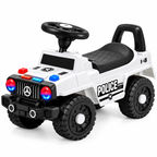 White ride-on police jeep with black seat, steering wheel, and large rugged wheels