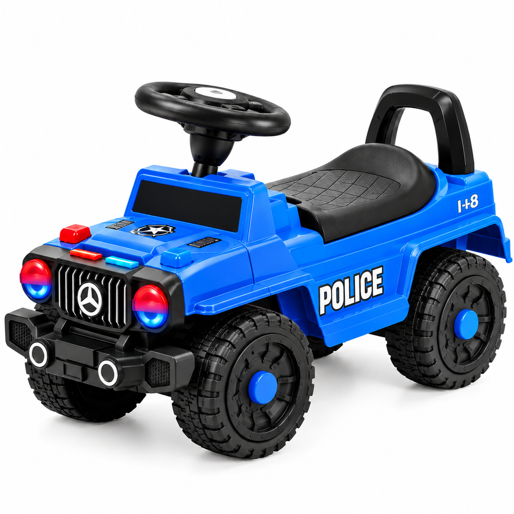 Blue ride-on police jeep with black seat, steering wheel, and large rugged wheels