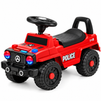 Red ride-on police jeep with black seat, steering wheel, and large rugged wheels