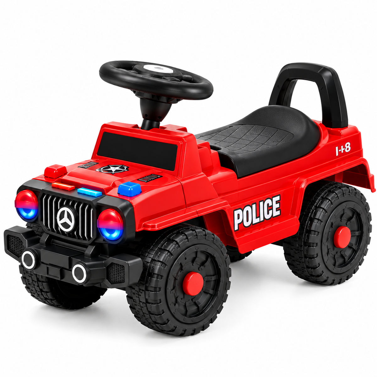 Red ride-on police jeep with black seat, steering wheel, and large rugged wheels