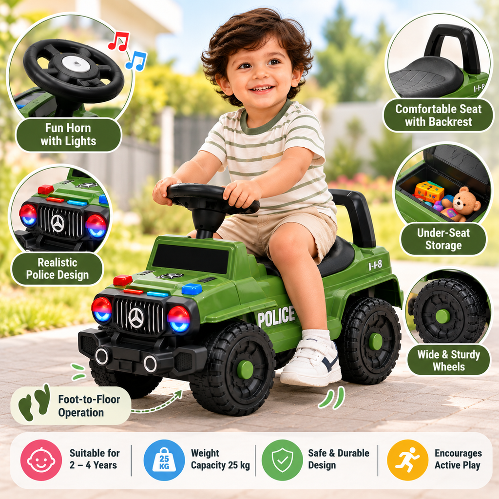 Green ride-on police jeep with high backrest, steering wheel, and kid seated