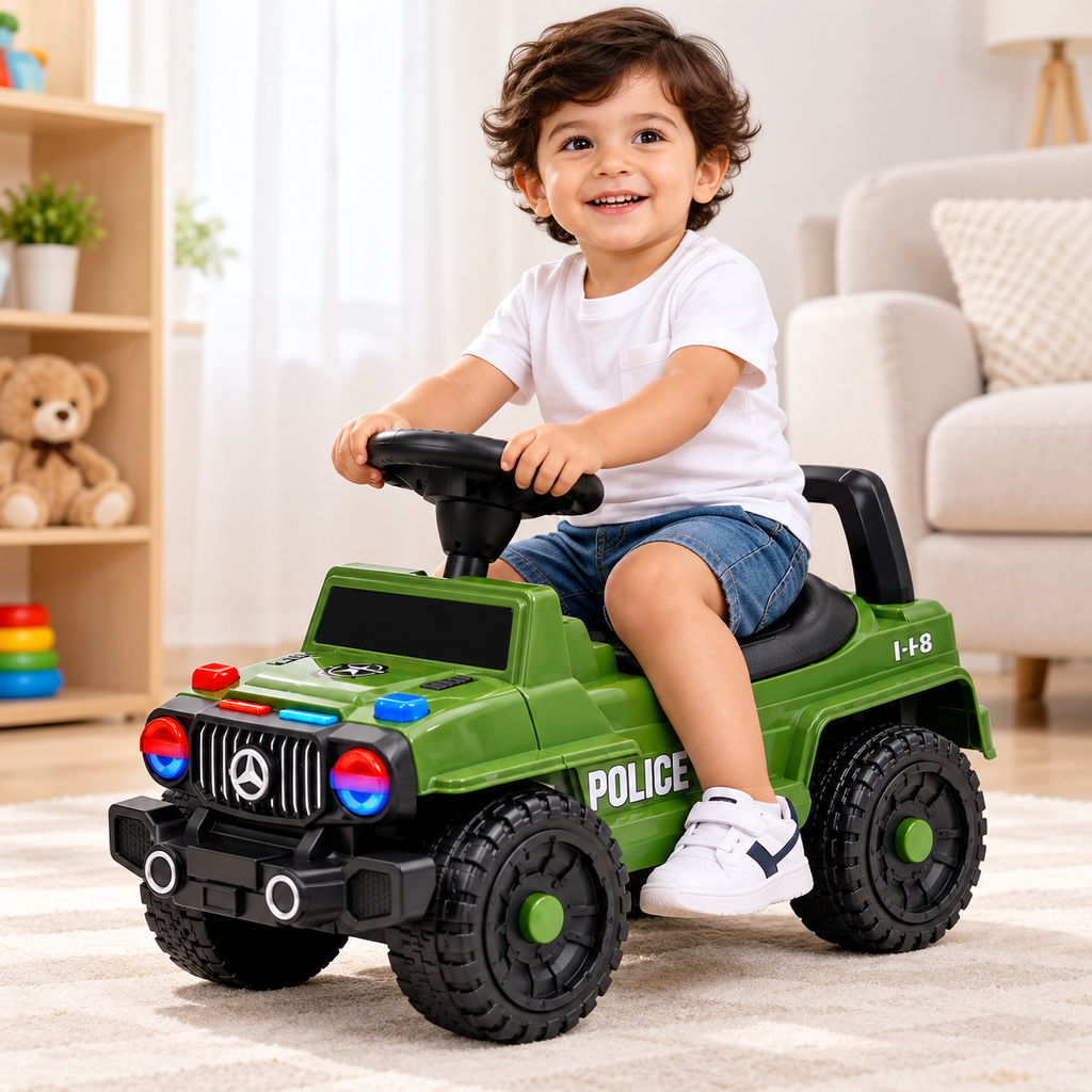 Green ride-on police jeep with black seat and high backrest, kid riding