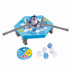 Penguin ice breaker balance game set with blue base, penguin figure, rotary wheel, and ice hex blocks