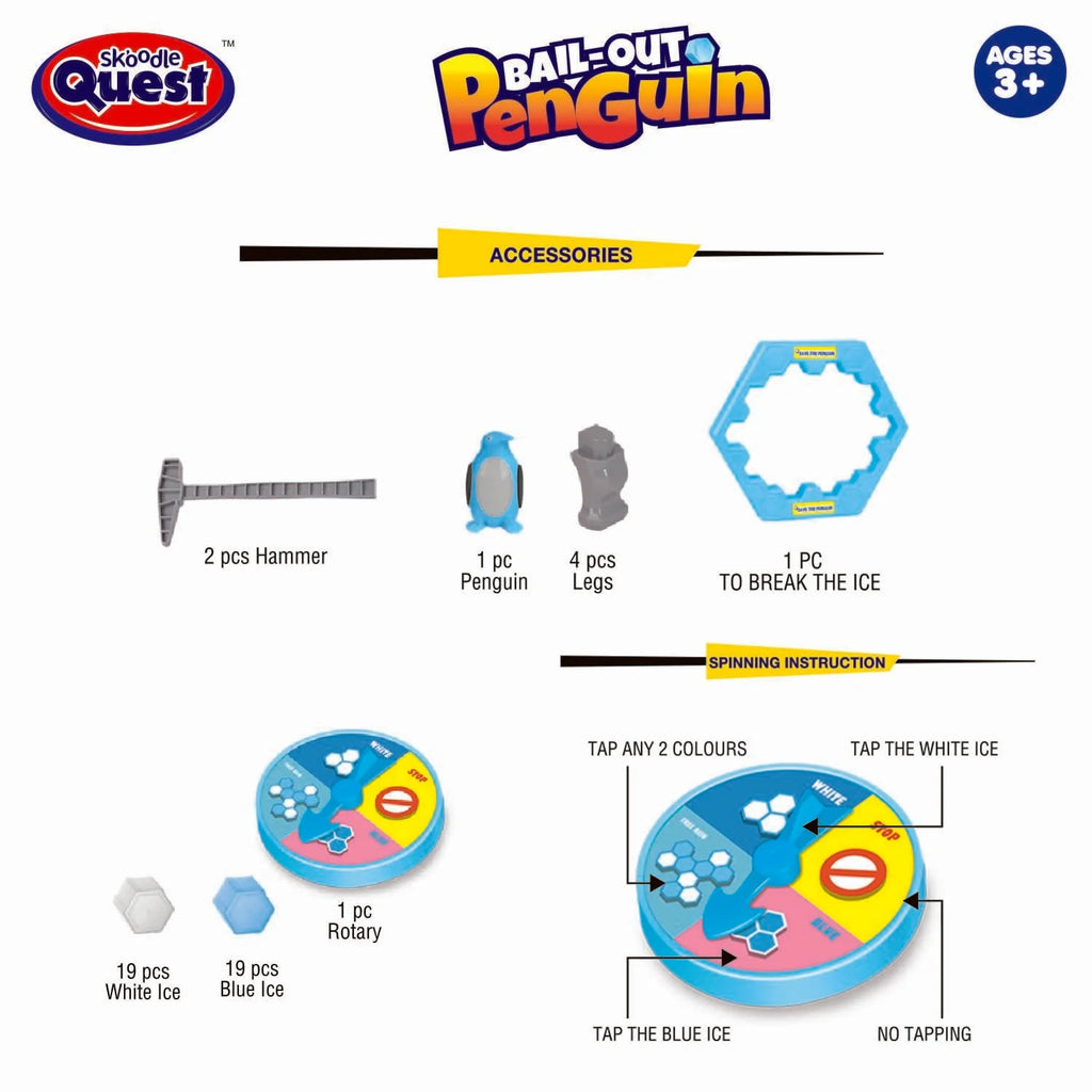 Bail-Out Penguin game accessories: hammers, penguin piece, legs, and hex ice parts