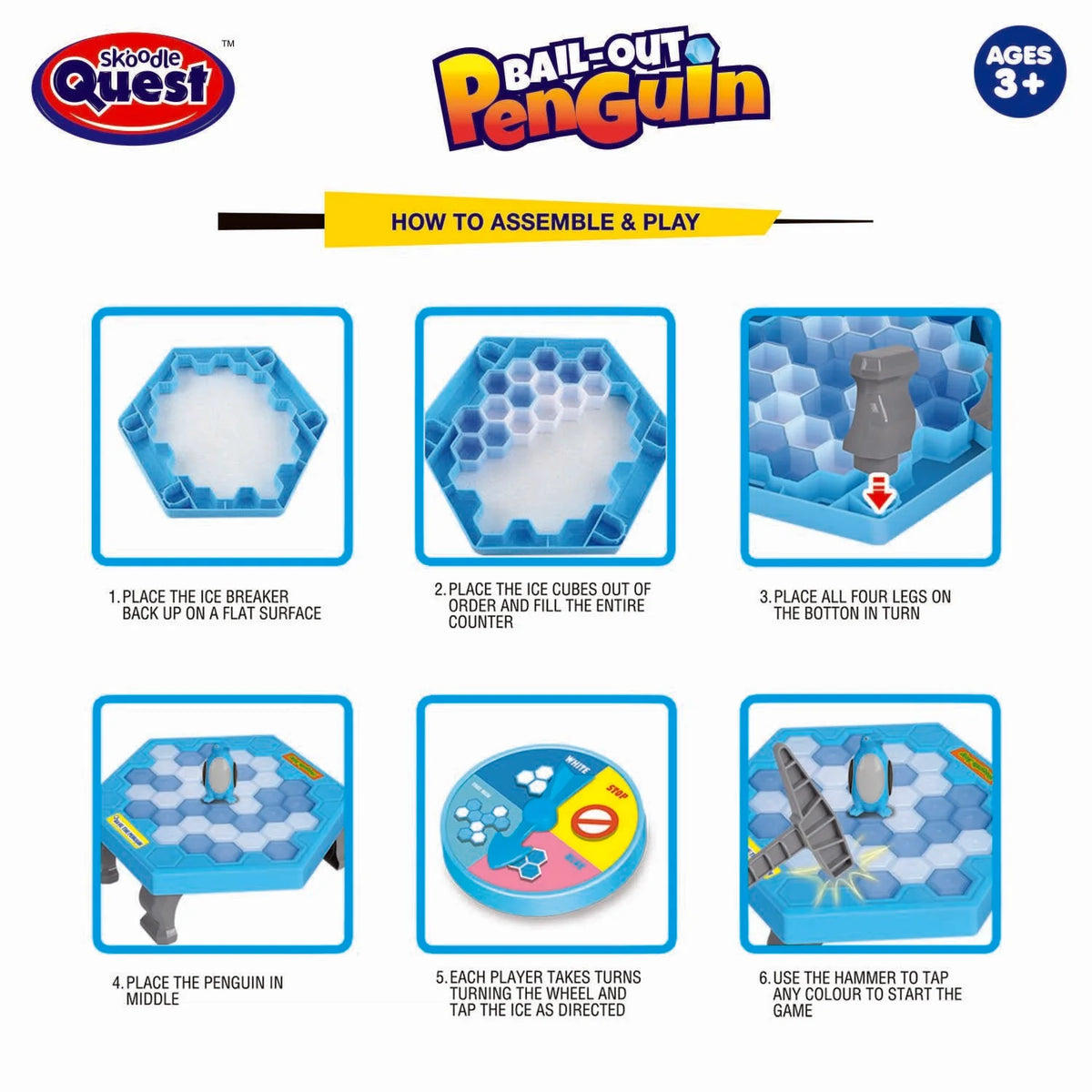Game assembly and play guide for penguin ice breaker balance toy with step-by-step diagrams