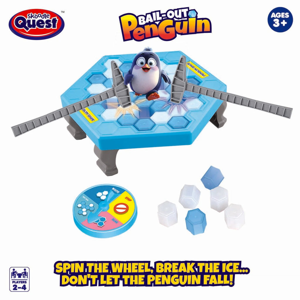 Penguin ice breaker balance game with blue hex base, gray hammer rails, and plastic ice pieces