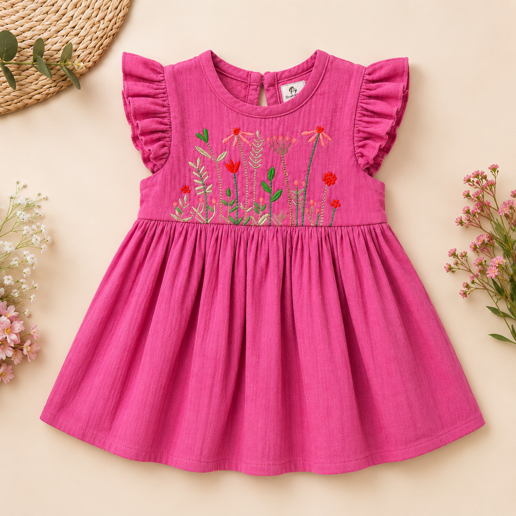 Boon Kids Girls Floral Embroidered Ruffle Sleeve Flared Dress – Pink (0-2 Years)
