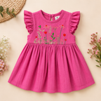 Boon Kids Girls Floral Embroidered Ruffle Sleeve Flared Dress – Pink (0-2 Years)