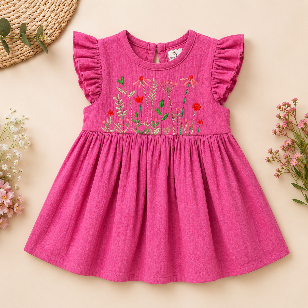 Boon Kids Girls Floral Embroidered Ruffle Sleeve Flared Dress – Pink (0-2 Years)
