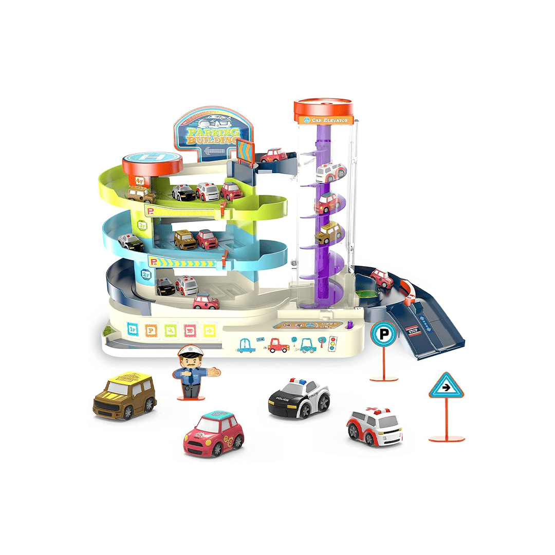 Happy Hues Toys Happy Hues 3 Level Race Track Toy -Light & Music Electric Parking Building Lot - Automatic & Manual (3-7 Years)