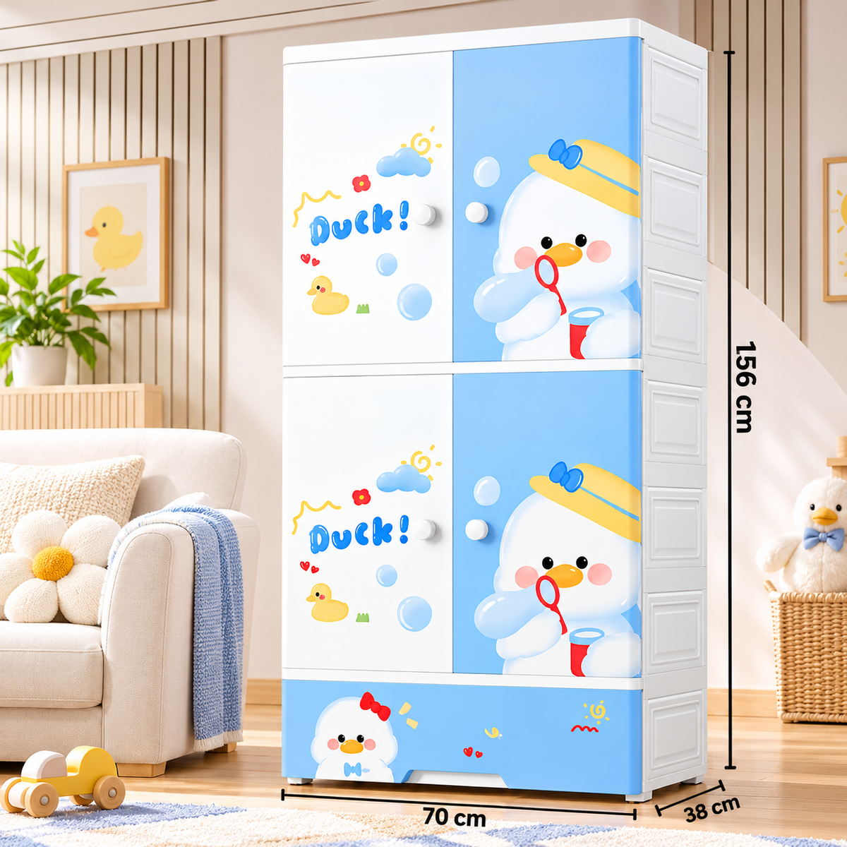 Kids wardrobe storage cabinet with shelves and drawers, white with blue bunny graphic panels