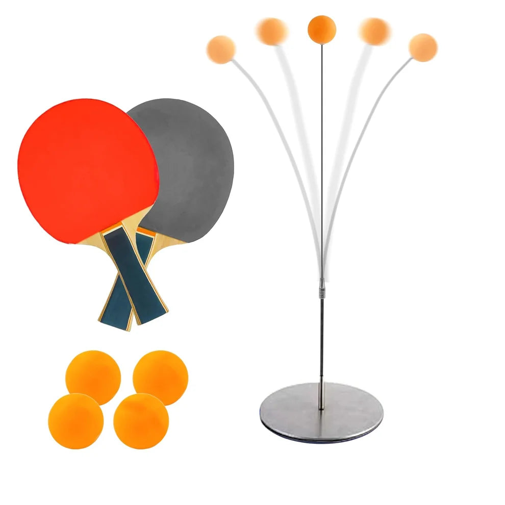 Ping pong training set with two paddles, orange balls, and round base stand