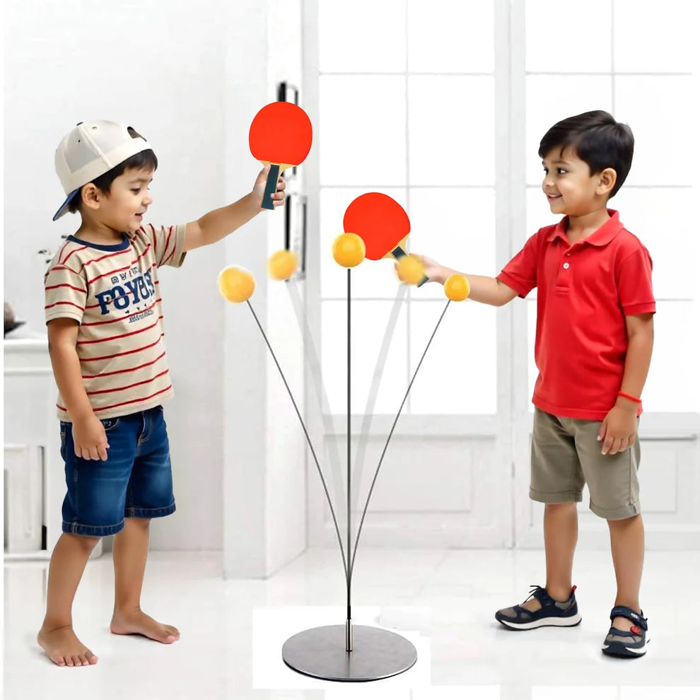 Children playing ping pong practice with red paddles, orange balls, and stand