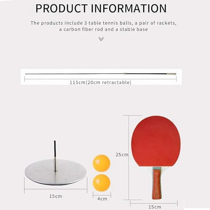 Freestanding ping pong training base with red paddle, rod, and orange ball rack