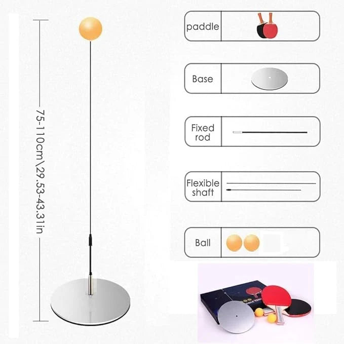 Ping pong training set with base, fixed rod, flexible shaft, and ball tray