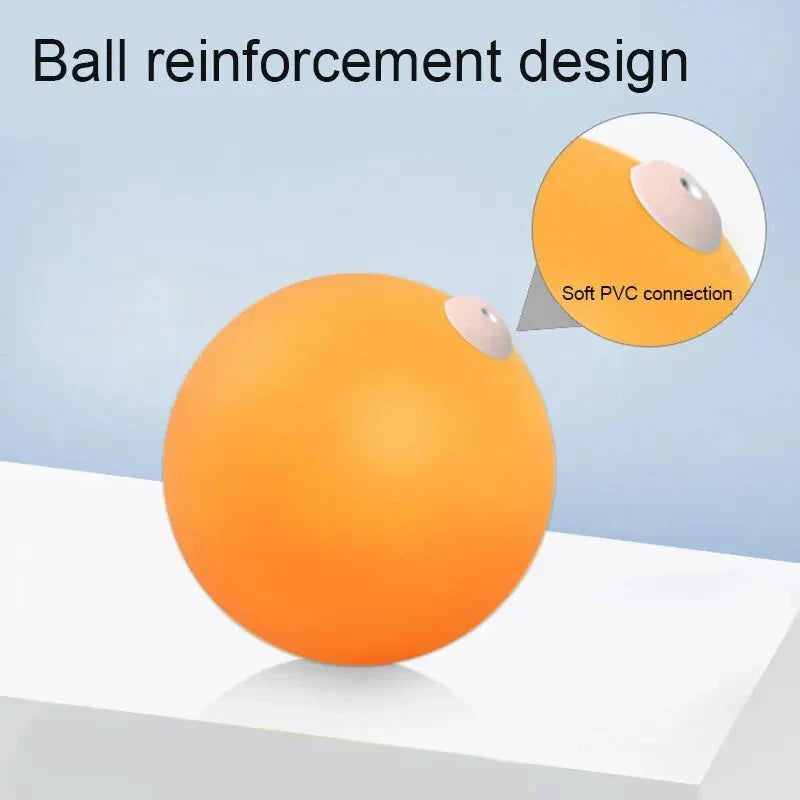 Orange training ball with reinforced PVC connection on ping pong practice stand