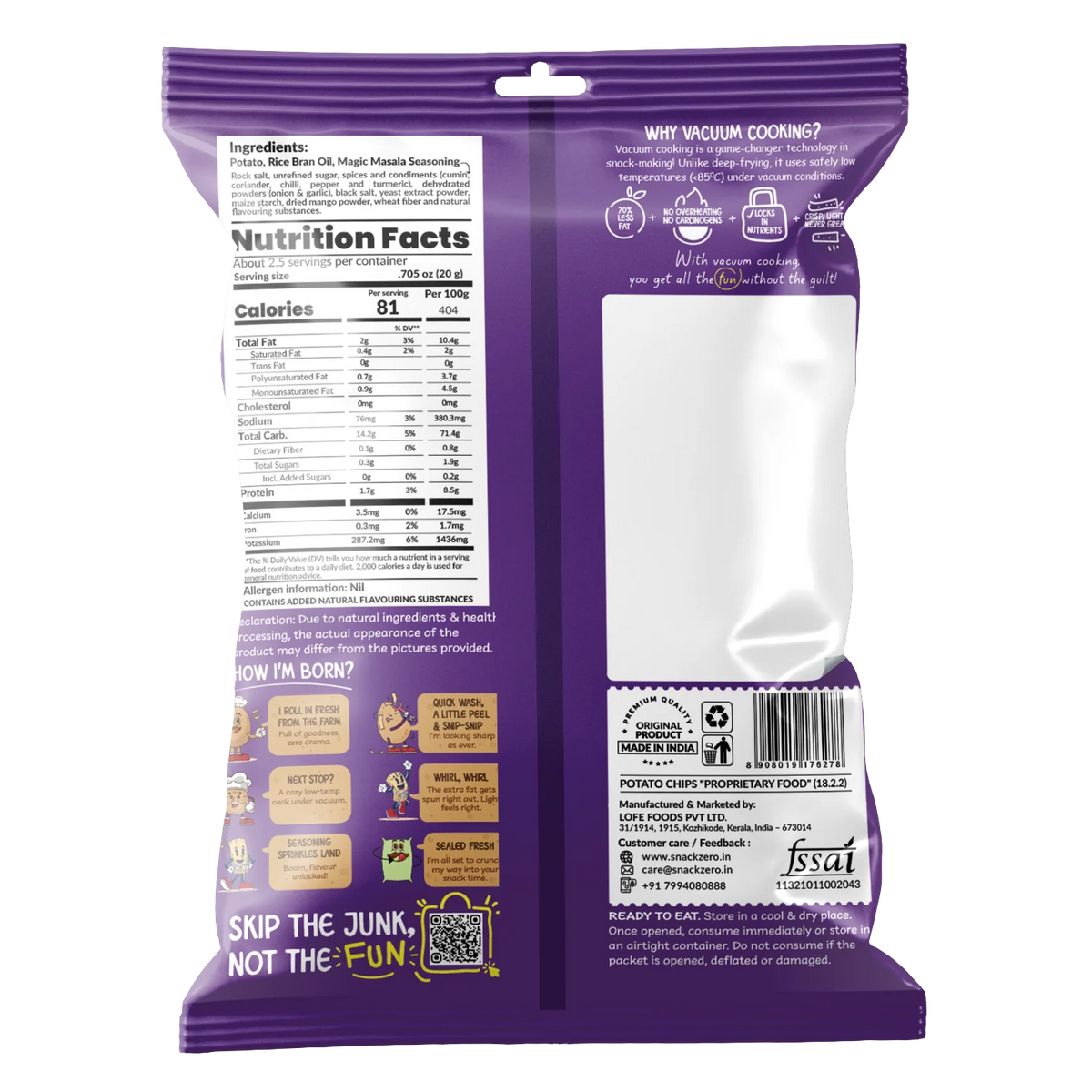 Back of purple potato stix snack bag with nutrition facts and barcode label