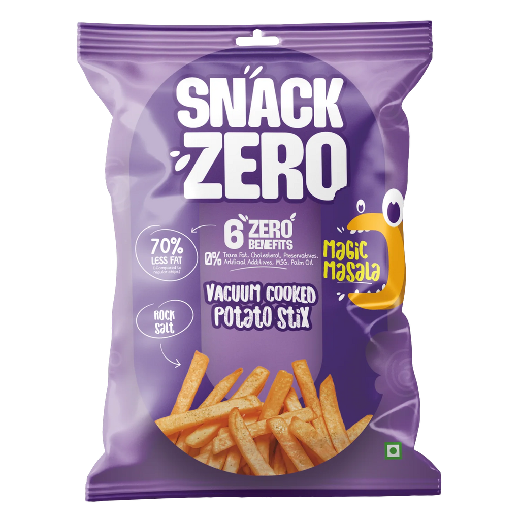 Front of purple potato stix snack bag with vacuum cooked fries and Magic Masala