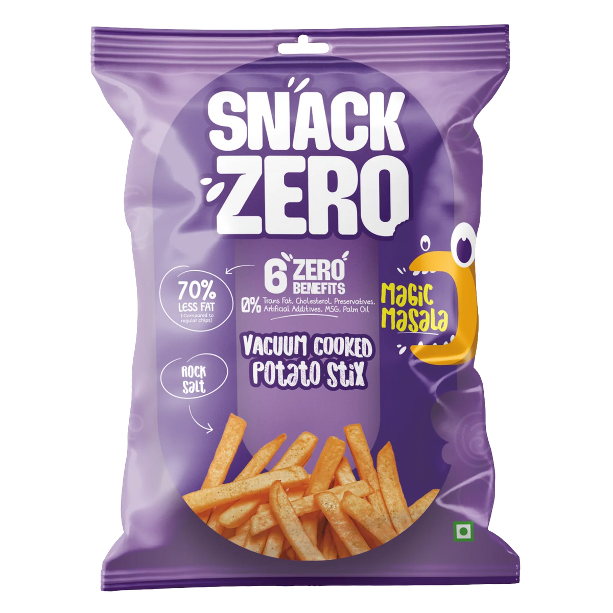 Front of purple potato stix snack bag with vacuum cooked fries and Magic Masala
