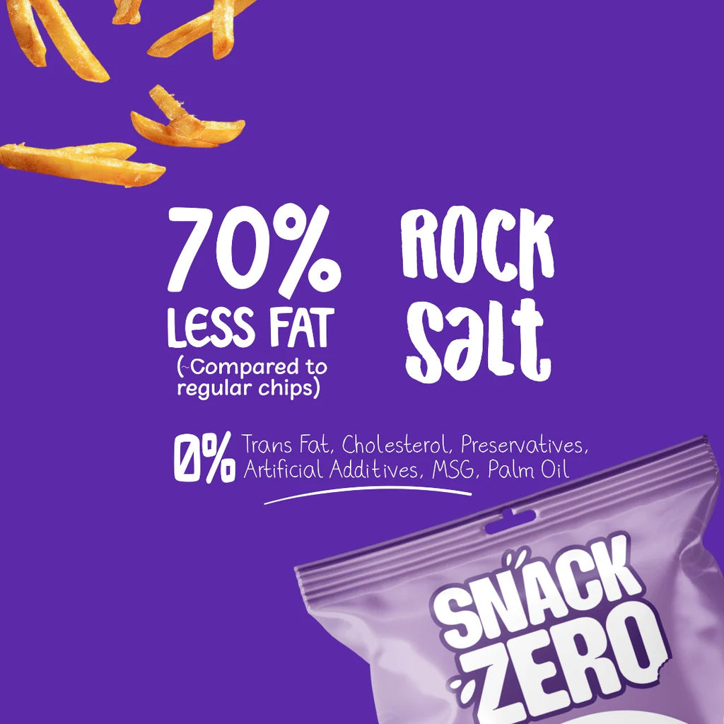 70% less fat rock salt claim on purple potato stix snack bag