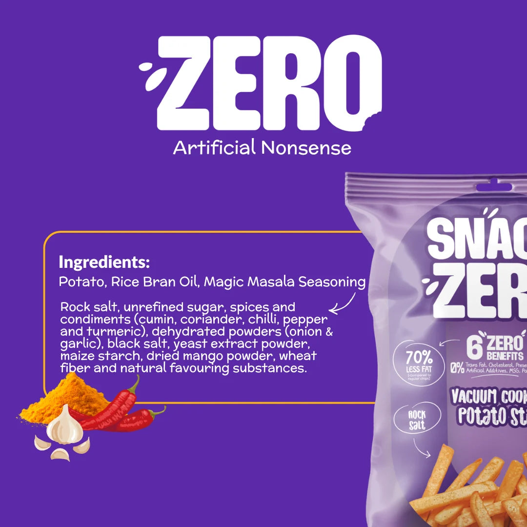 Ingredients list on purple potato stix snack bag with magic masala seasoning